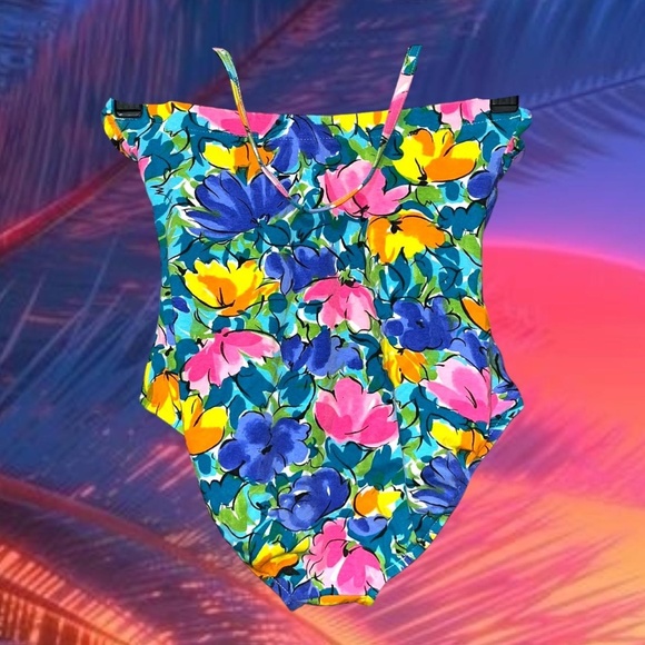 80s neon floral one piece swimsuit - Picture 2 of 5